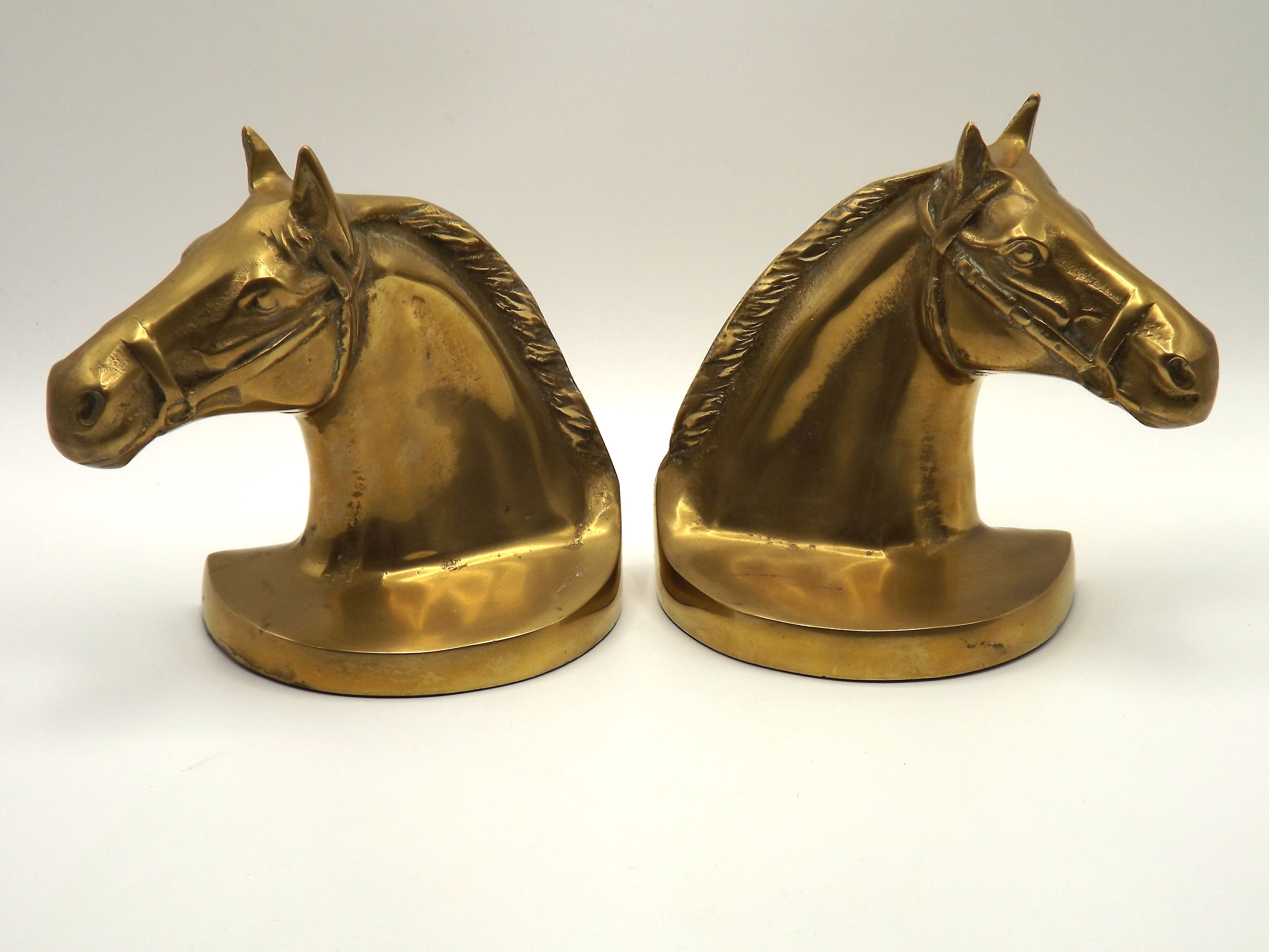 Vintage Brass Horse Head Bookends Pair – French Cast Brass Equestrian Decor