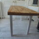 Farm table, leg and belt patinated pearl gray, waxed top medium oak.