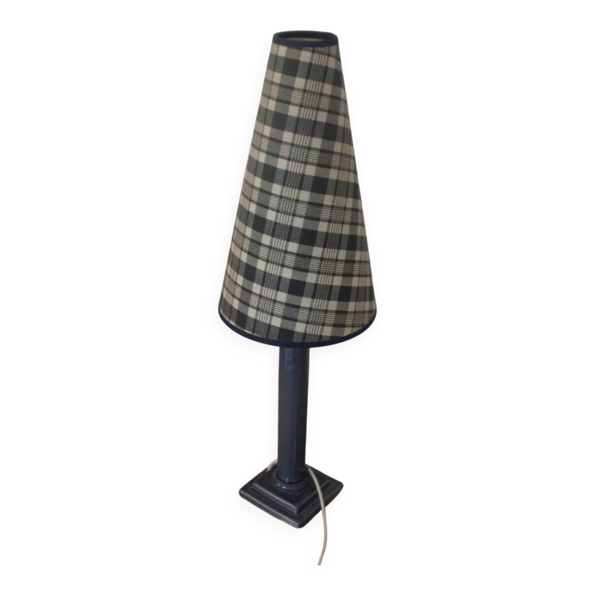 Vintage table lamp in bluish grey ceramic – Conical lampshade in Scottish tartan – 1970s/80s