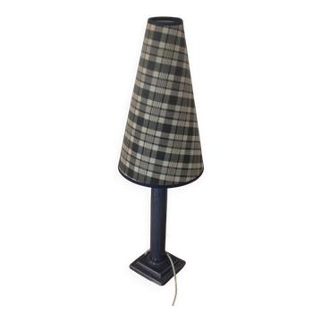 Lampe à poser vintage en céramique gris bleuté – Abat-jour conique tartan écossais – Années 70/80
