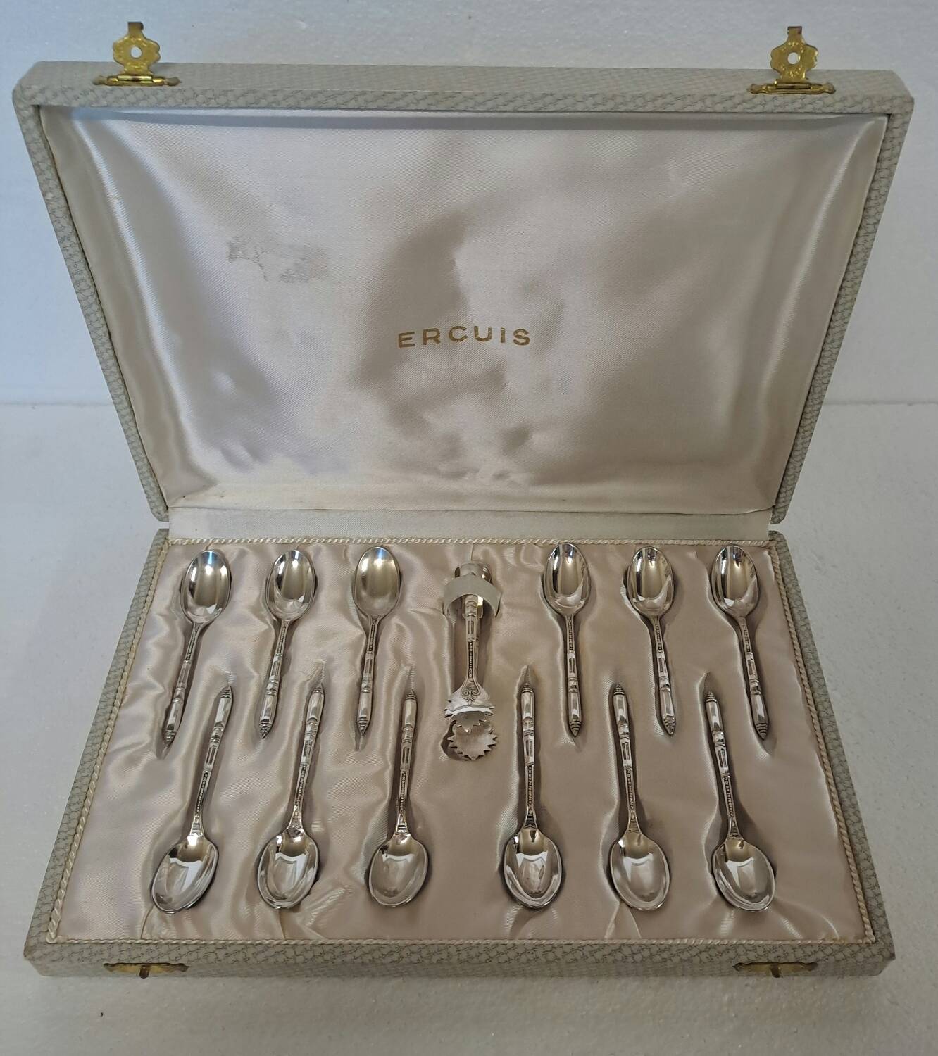 Box of 12 mocha spoons and 1 sugar tongs Ercuis silver metal