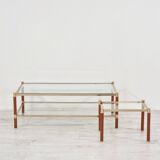 1970s gold chrome and leather coffee table + end table