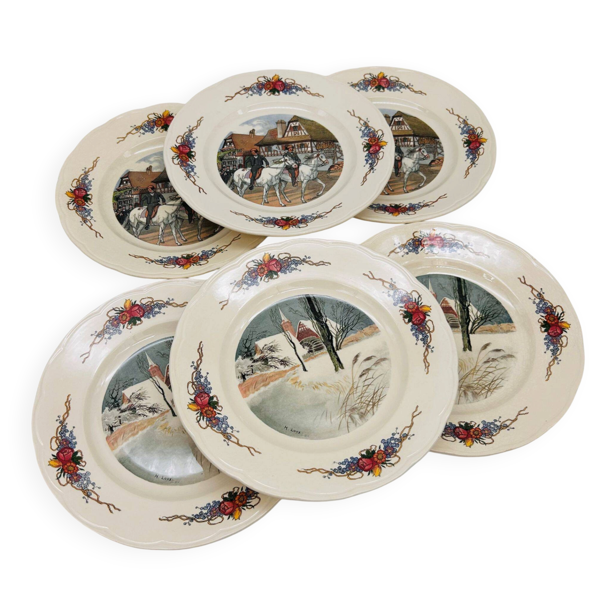 6 flat plates "Obernai" from the Sarreguemines pottery.