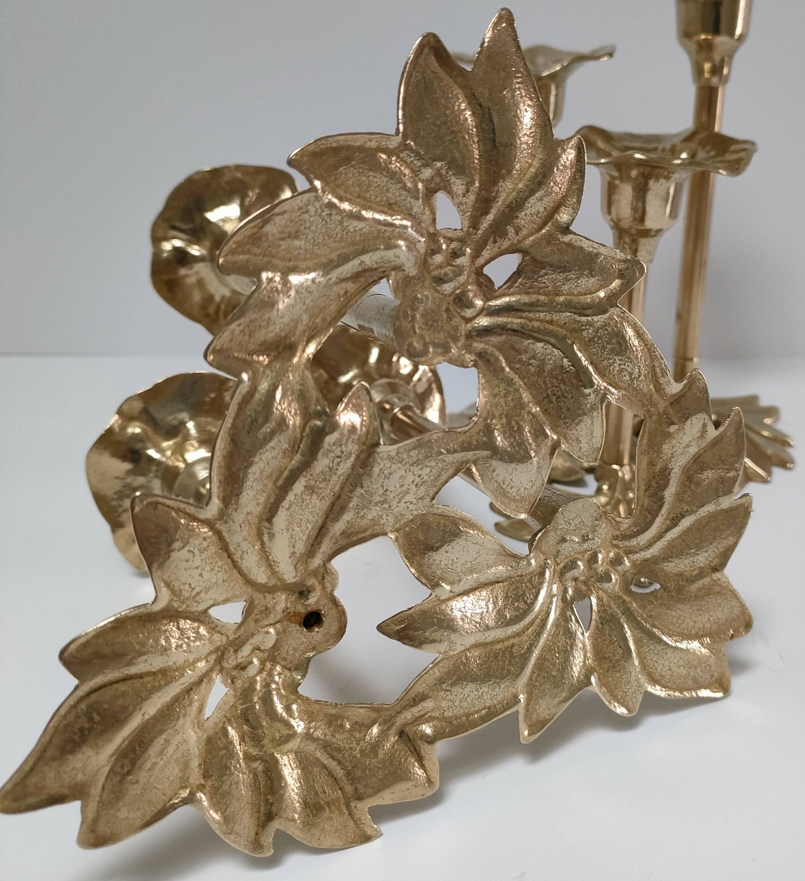 Pair of candlesticks solid brass vintage flowers