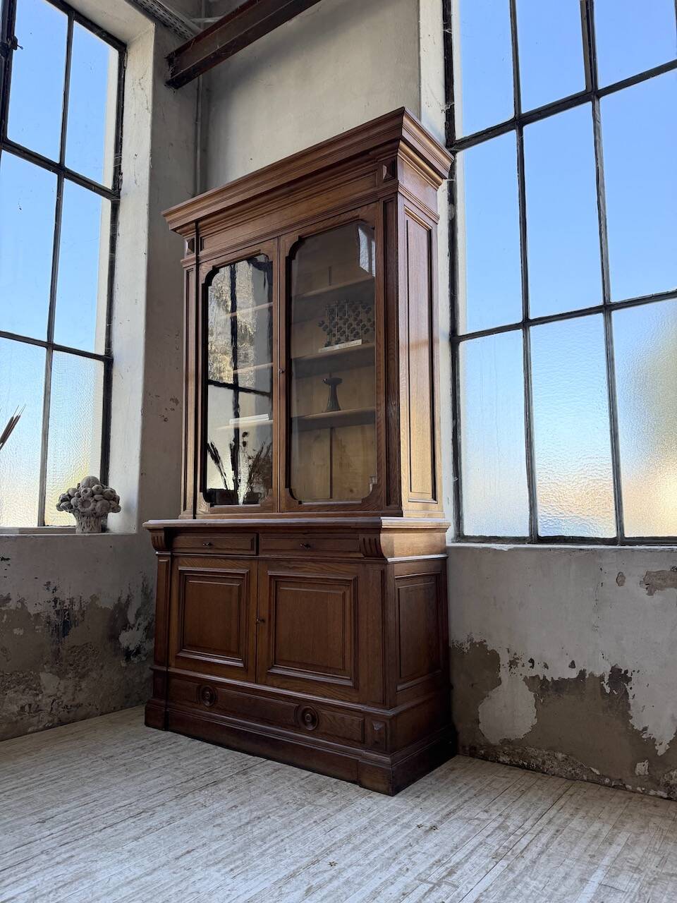 Antique XL Napoleonic oak glass bookcase, 19th century
