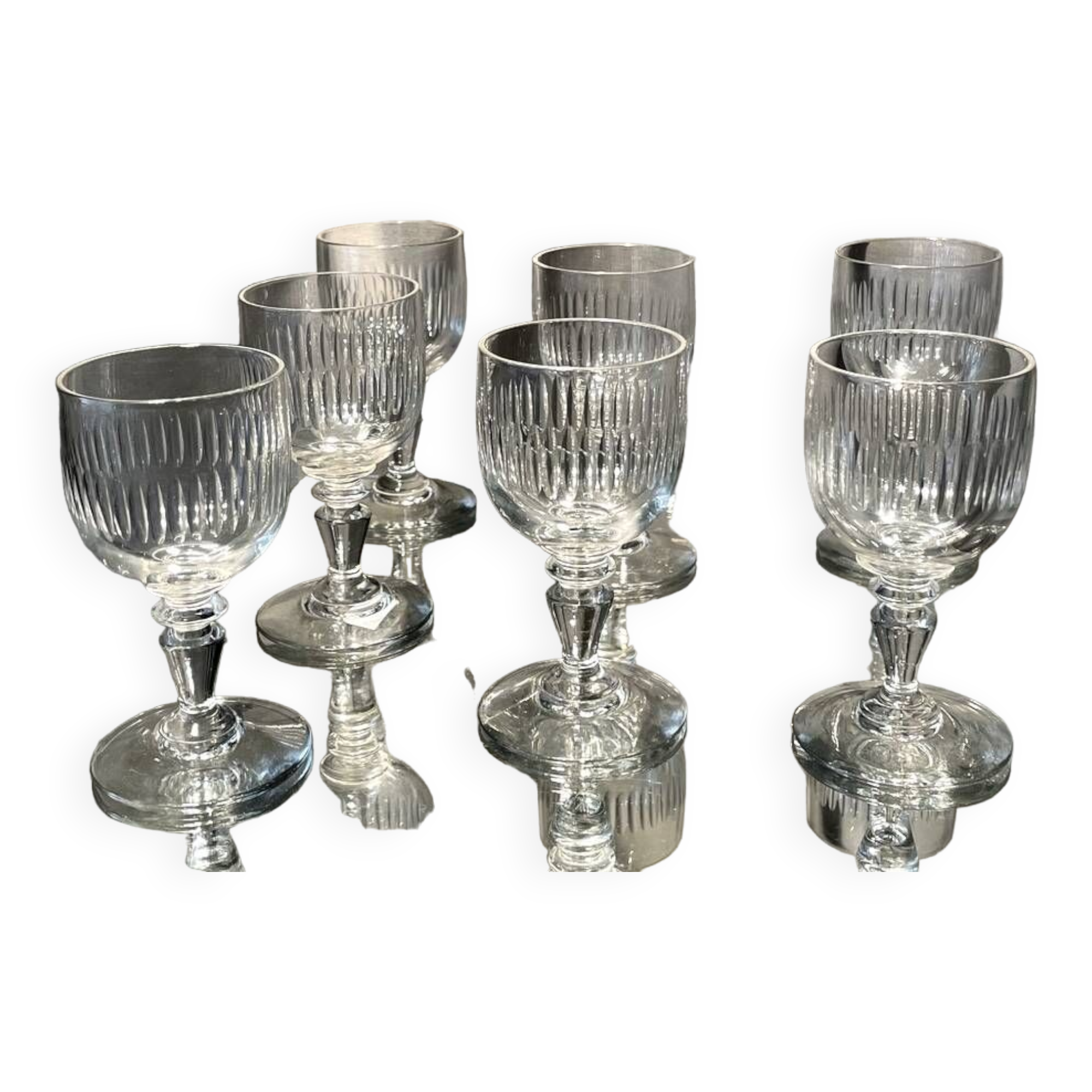 Set of 7 liqueur or drop glasses in chiseled glass table art