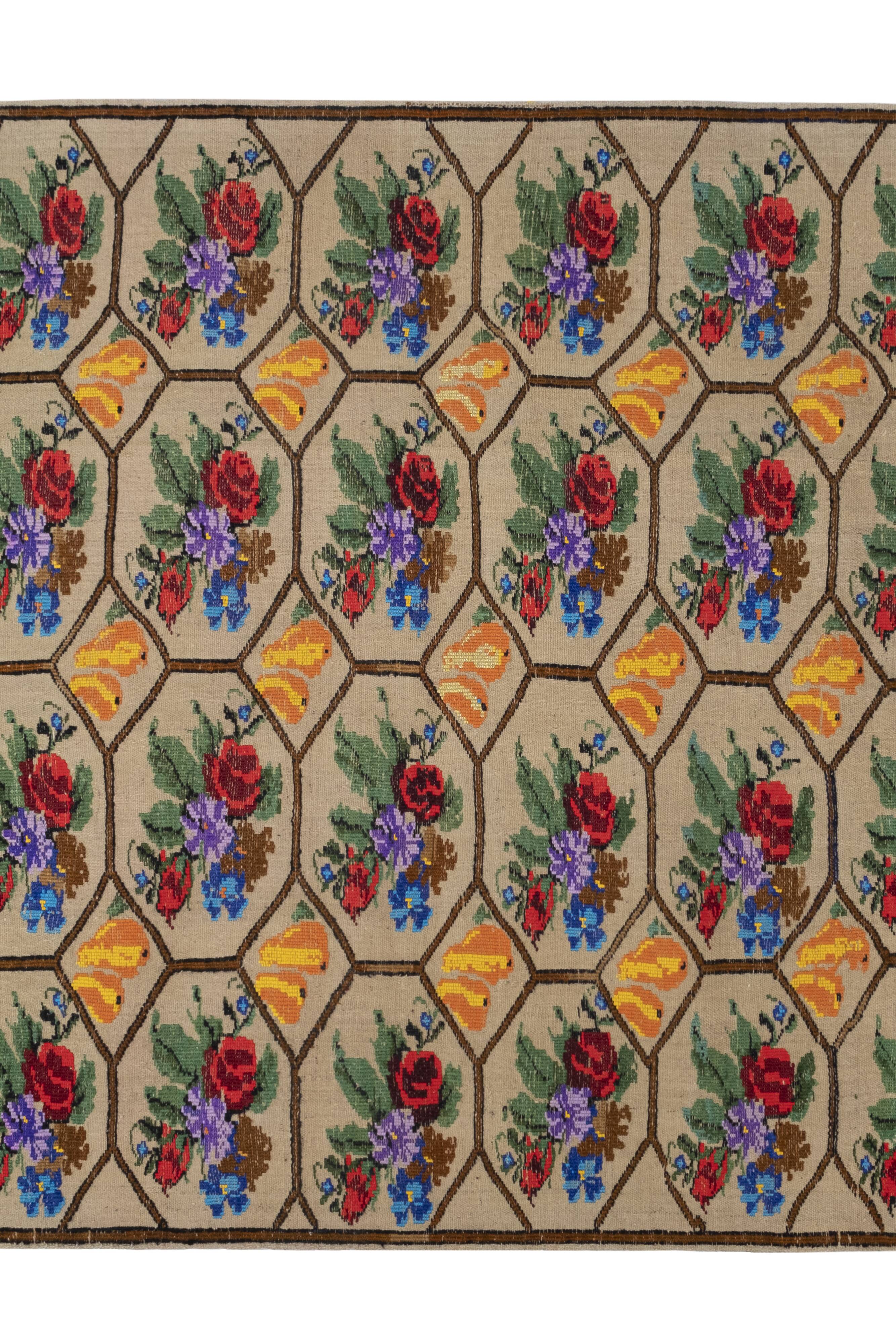 Handwoven Floral Pattern Needlepoint Kids Kilim Rug, Wall Hanging Turkish