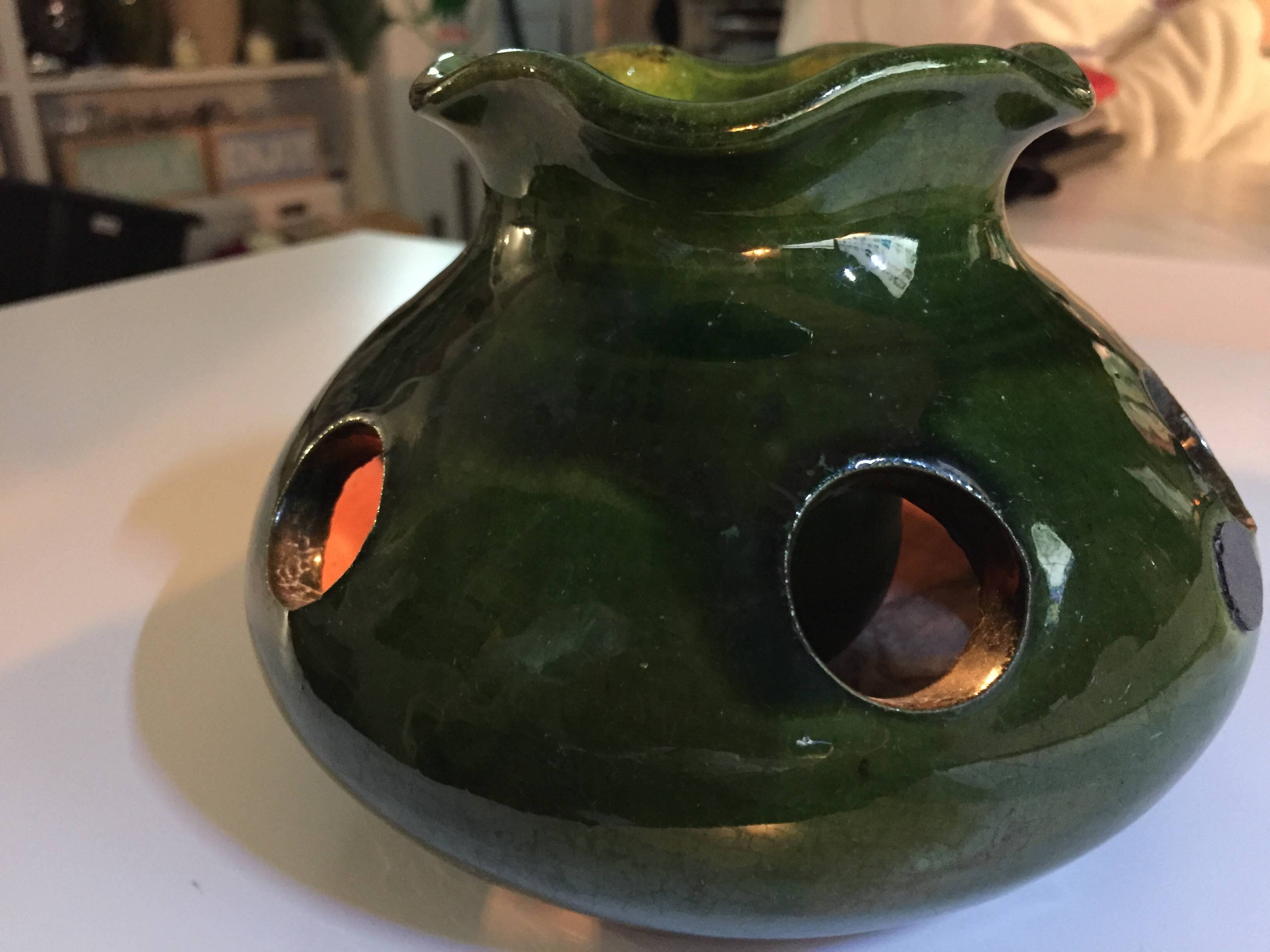 Old Bulb Pot Vase or Brasero Candle Holder Green Enameled Terracotta Pottery