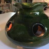 Old Bulb Pot Vase or Brasero Candle Holder Green Enameled Terracotta Pottery
