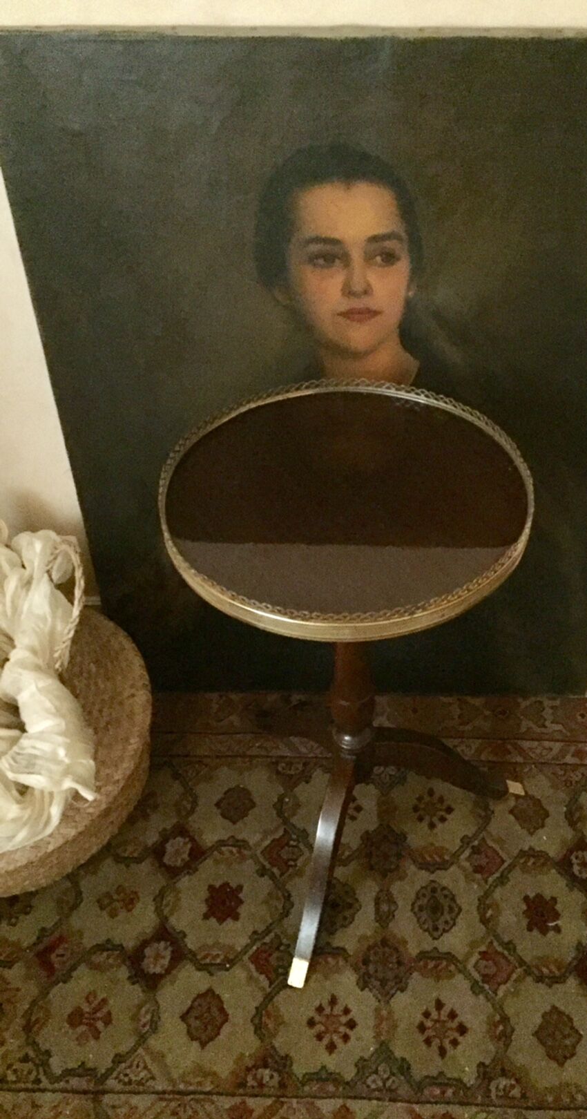 Cherry and brass pedestal side table