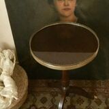 Cherry and brass pedestal side table