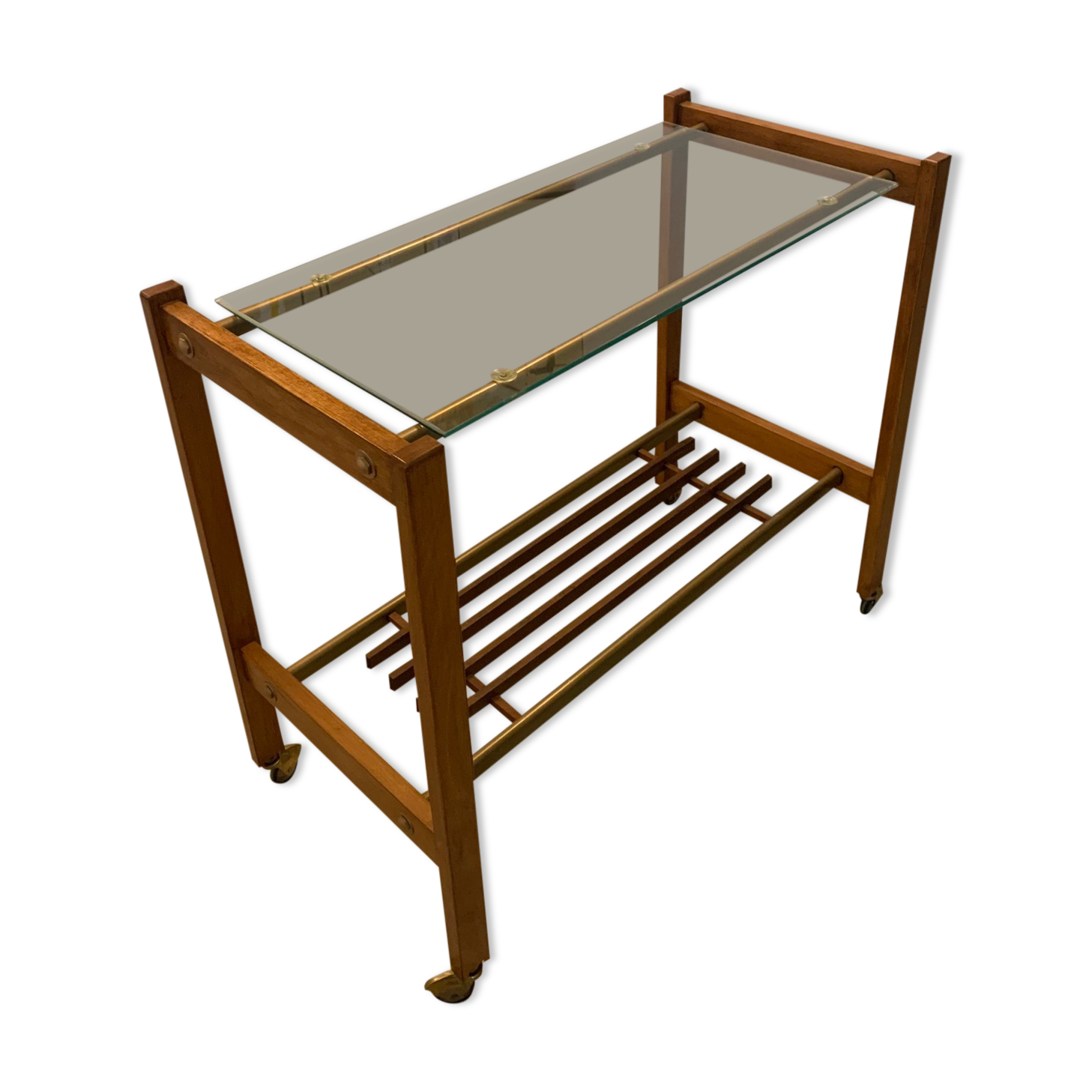 Danish trolley on wheels, teak, brass and glass