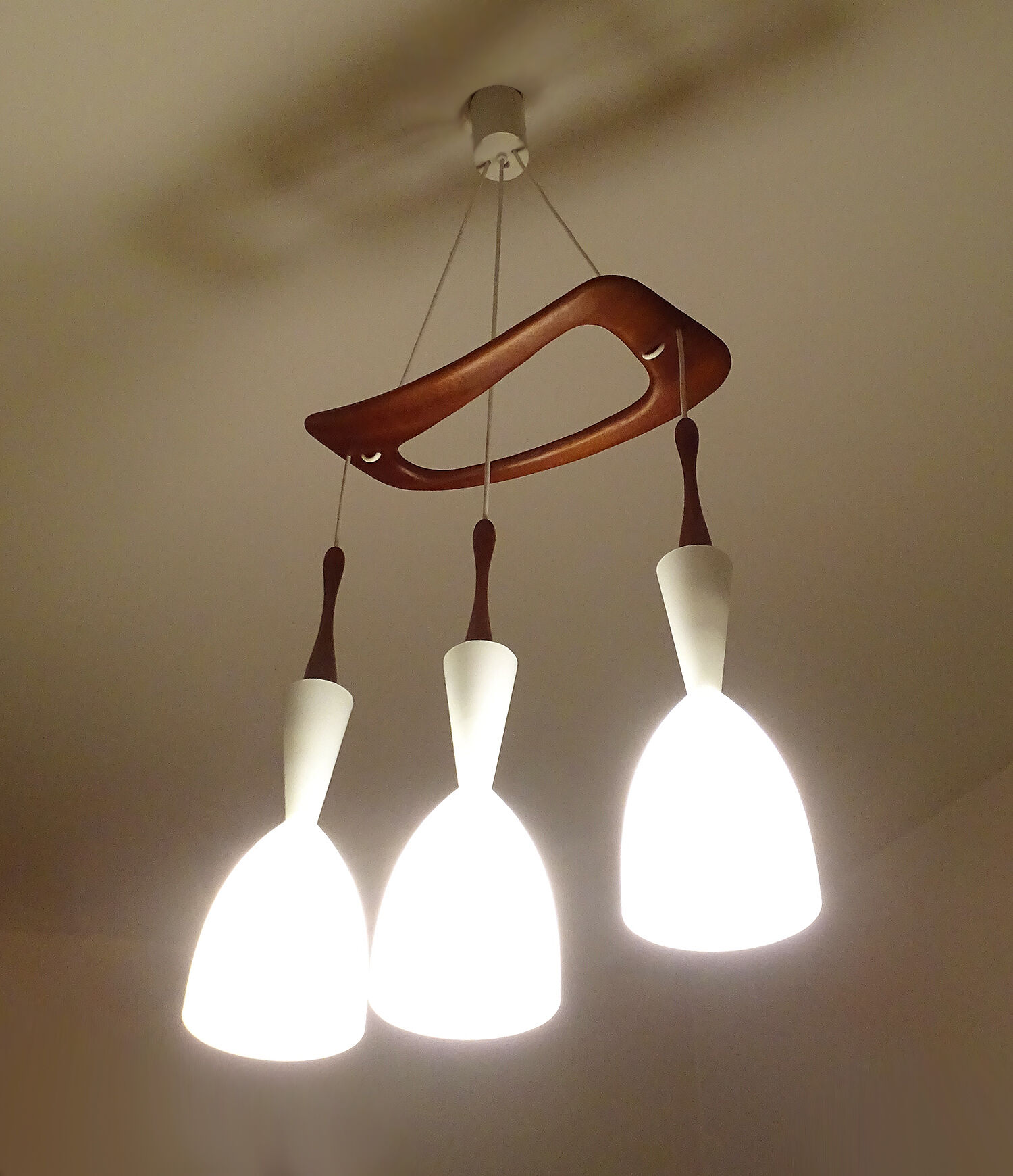 Scandinavian pendant lamp vintage, teak and opaline glasses, 50s