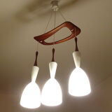 Scandinavian pendant lamp vintage, teak and opaline glasses, 50s