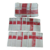 Nappe ancienne fil damassé rouge et blanc dix serviettes 150 X 190 cm