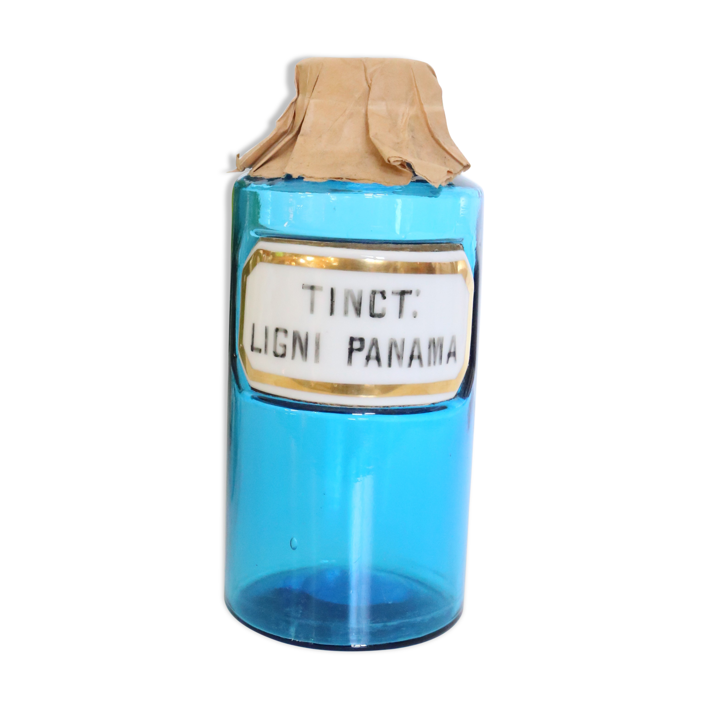 Fine pharmacy bottle XIxth, rare, blue glass and porcelain label, antique, vintage
