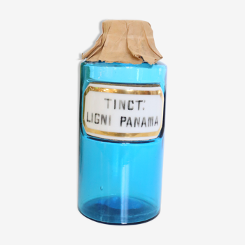 Flacon de pharmacie fin XIxème, rare, en verre bleu et étiquette de porcelaine, antiquité, vintage