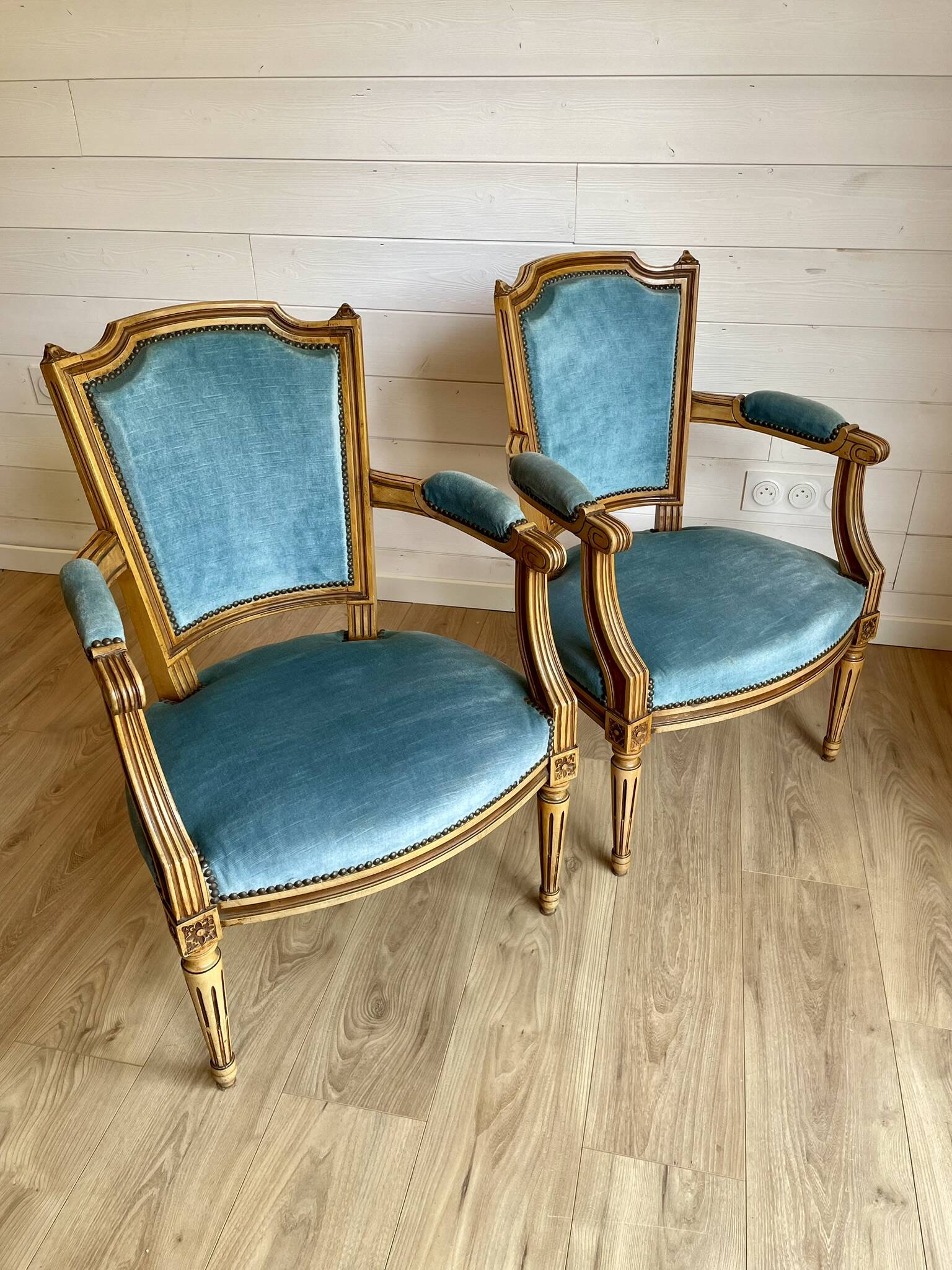 Pair of Louis XVI vintage cabriolet armchairs in duck blue velvet and wood.