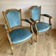 Pair of Louis XVI vintage cabriolet armchairs in duck blue velvet and wood.