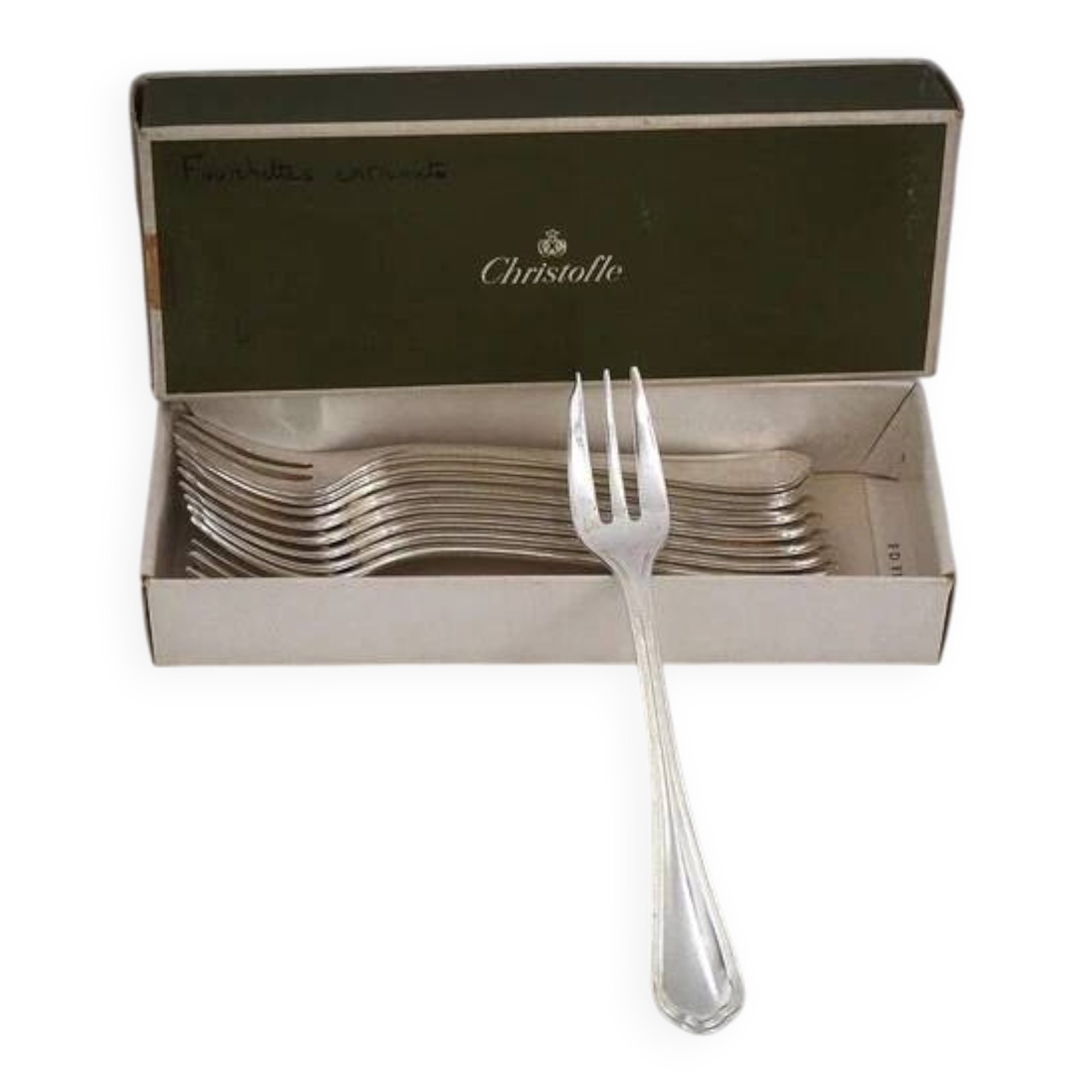 Christofle Spatours, 12 cake forks, silver-plated, excellent condition.