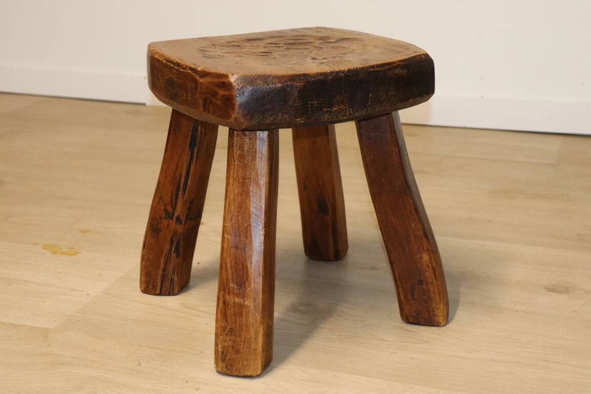 Vintage brutalist low stool in solid ash, 1960s