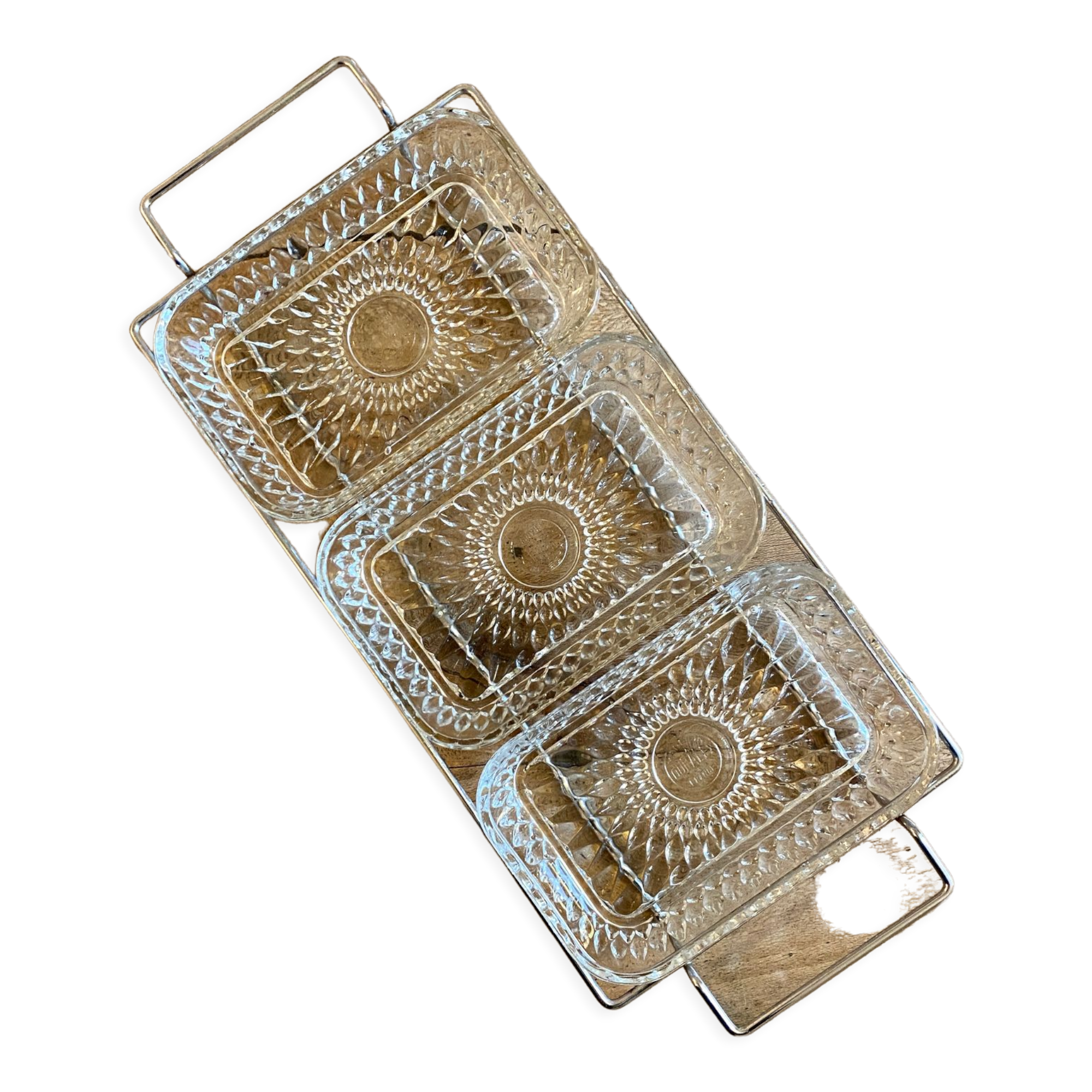 Duralex vintage glass and silver metal tray/servant