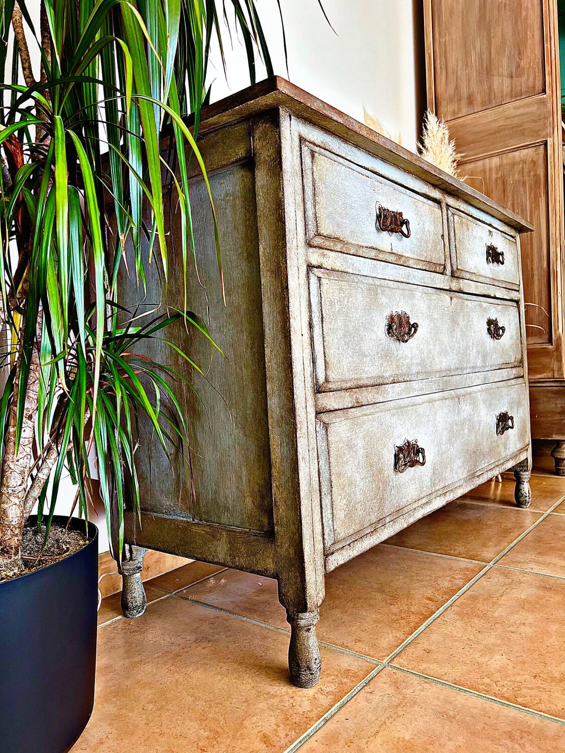 Antique commode, patinated, blue-grey Tuscany.