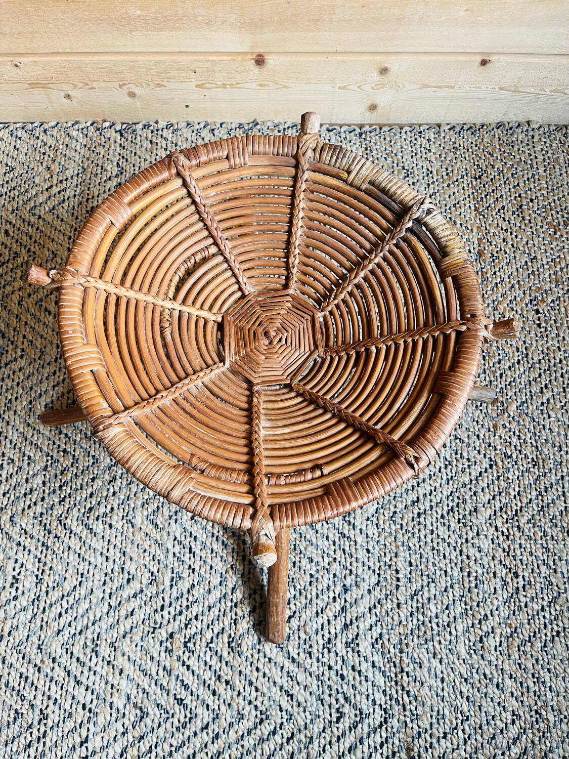 Rattan and wood stool