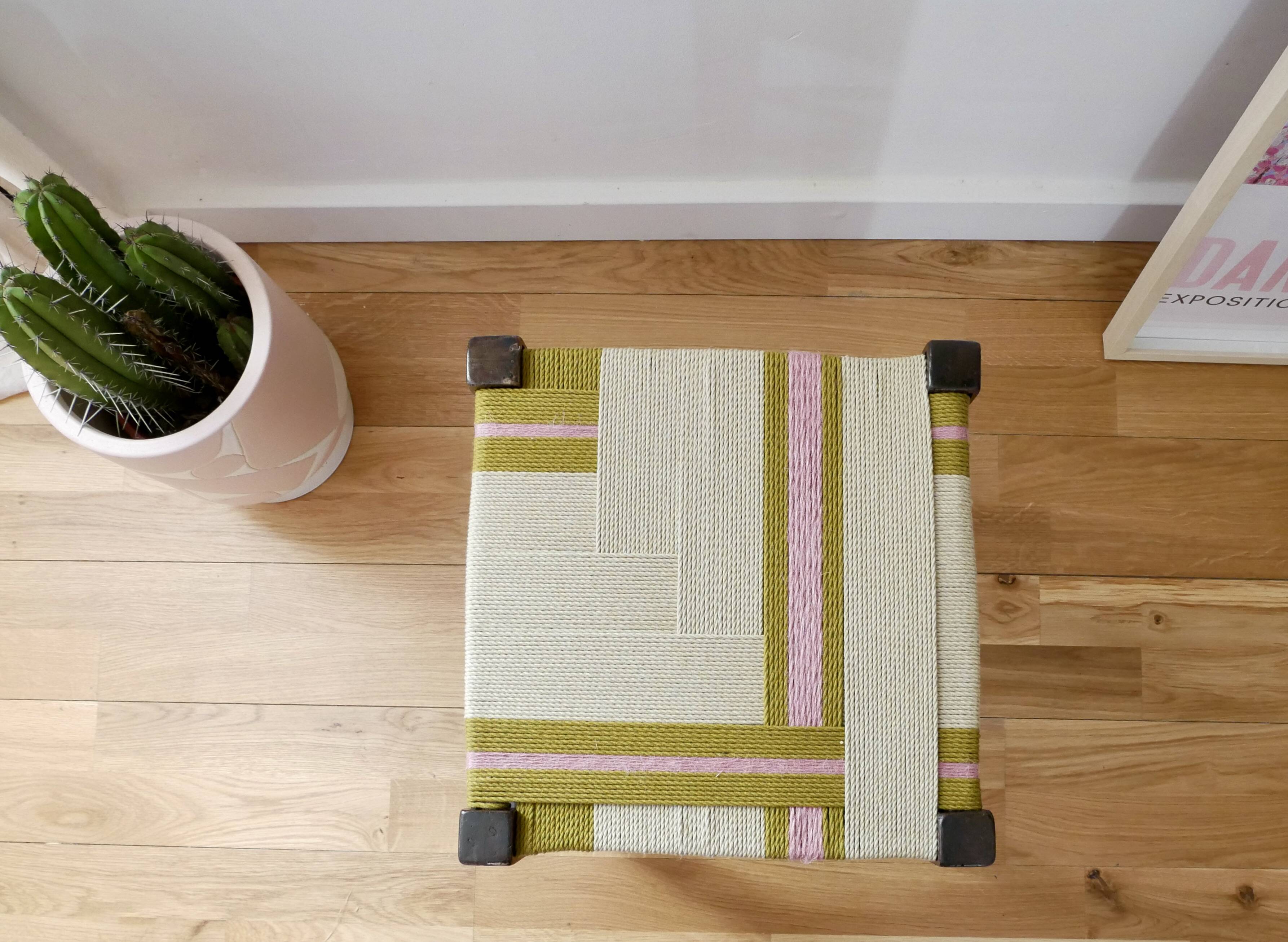 Wooden stool. Vintage stool. woven stool