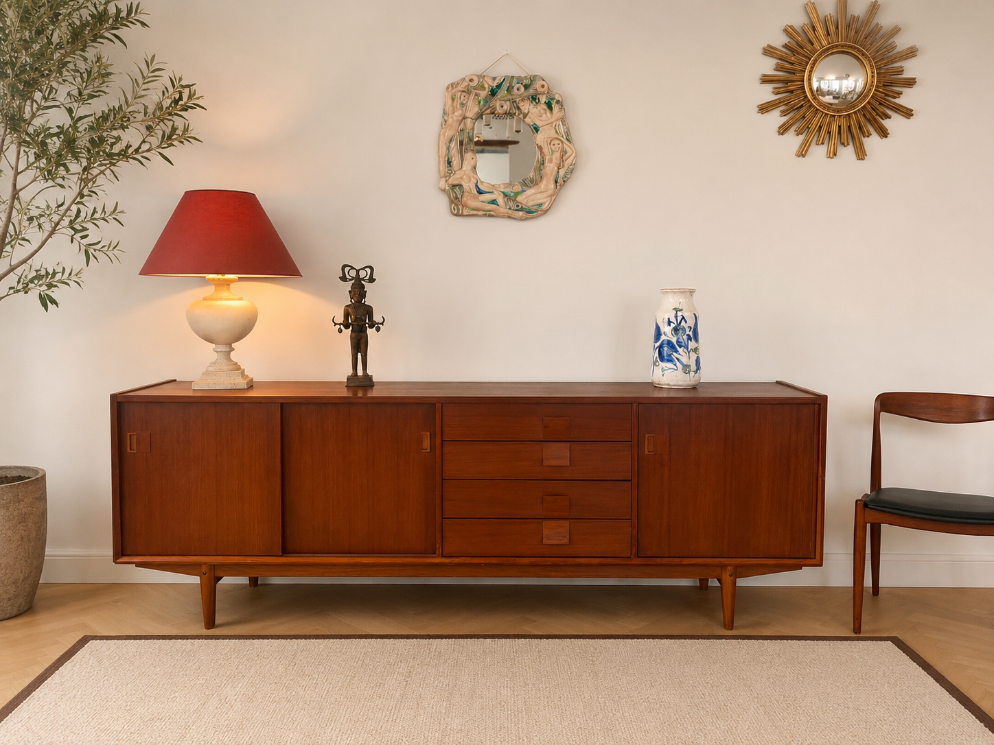 Scandinavian teak sideboard, 230 cm long, with 3 doors and 4 drawers.