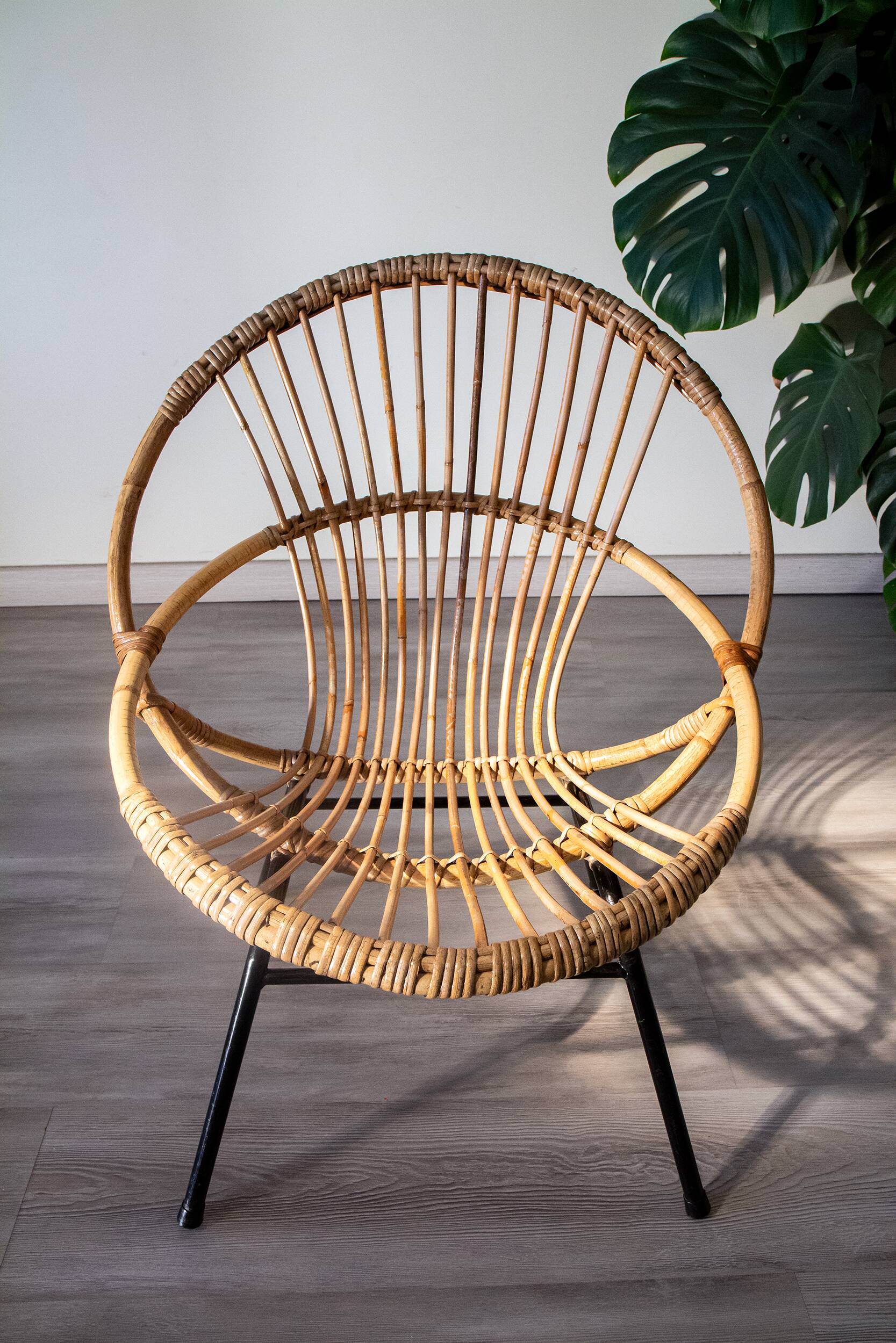 Rattan and steel basket chair, 1970s