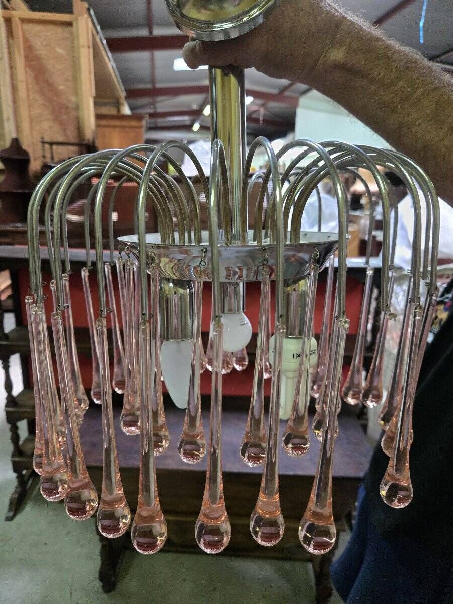 Paolo Venini: Cascade chandelier with pink Murano glass drops.