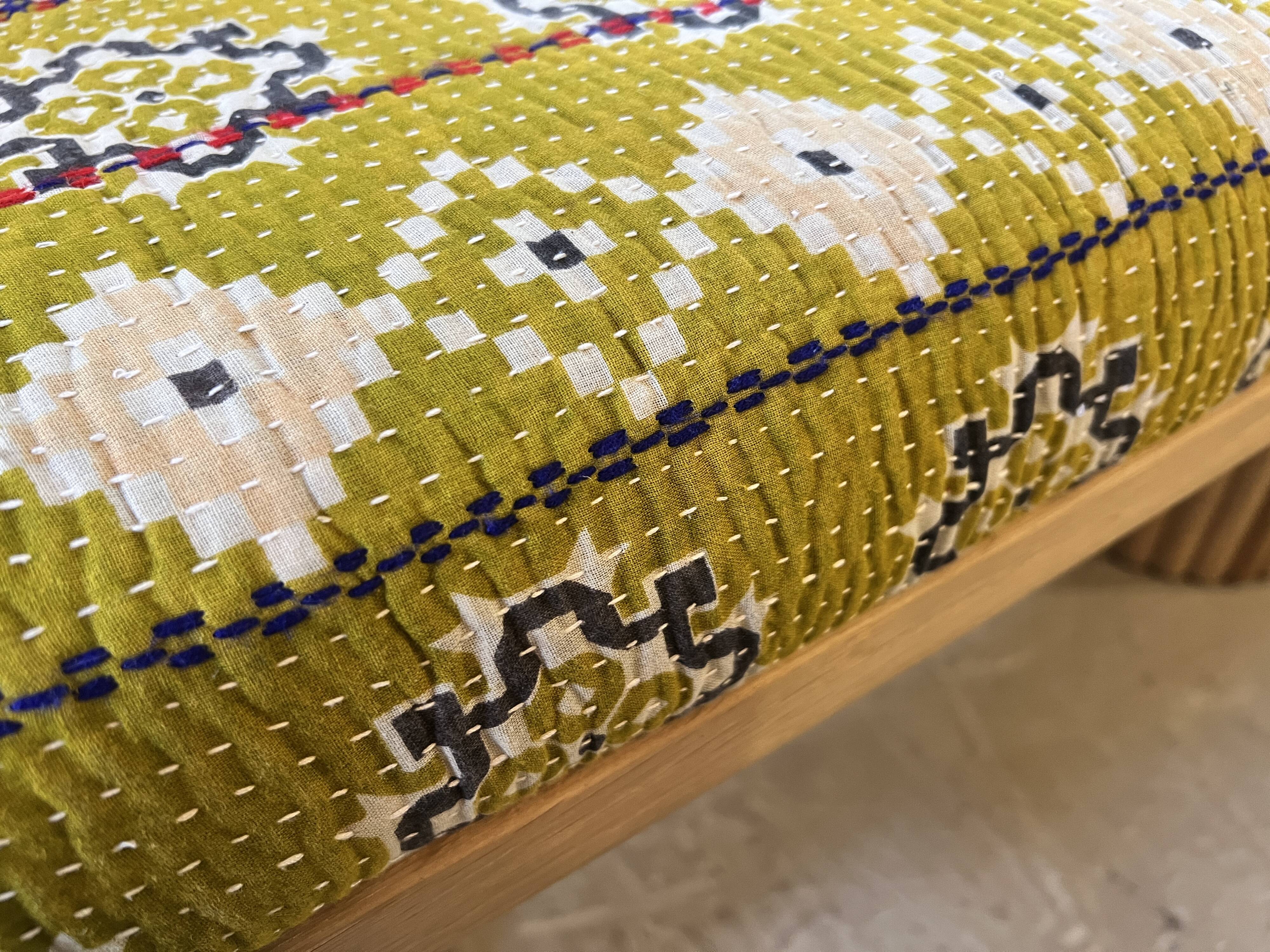 Mango wood bench with khanta fabric.