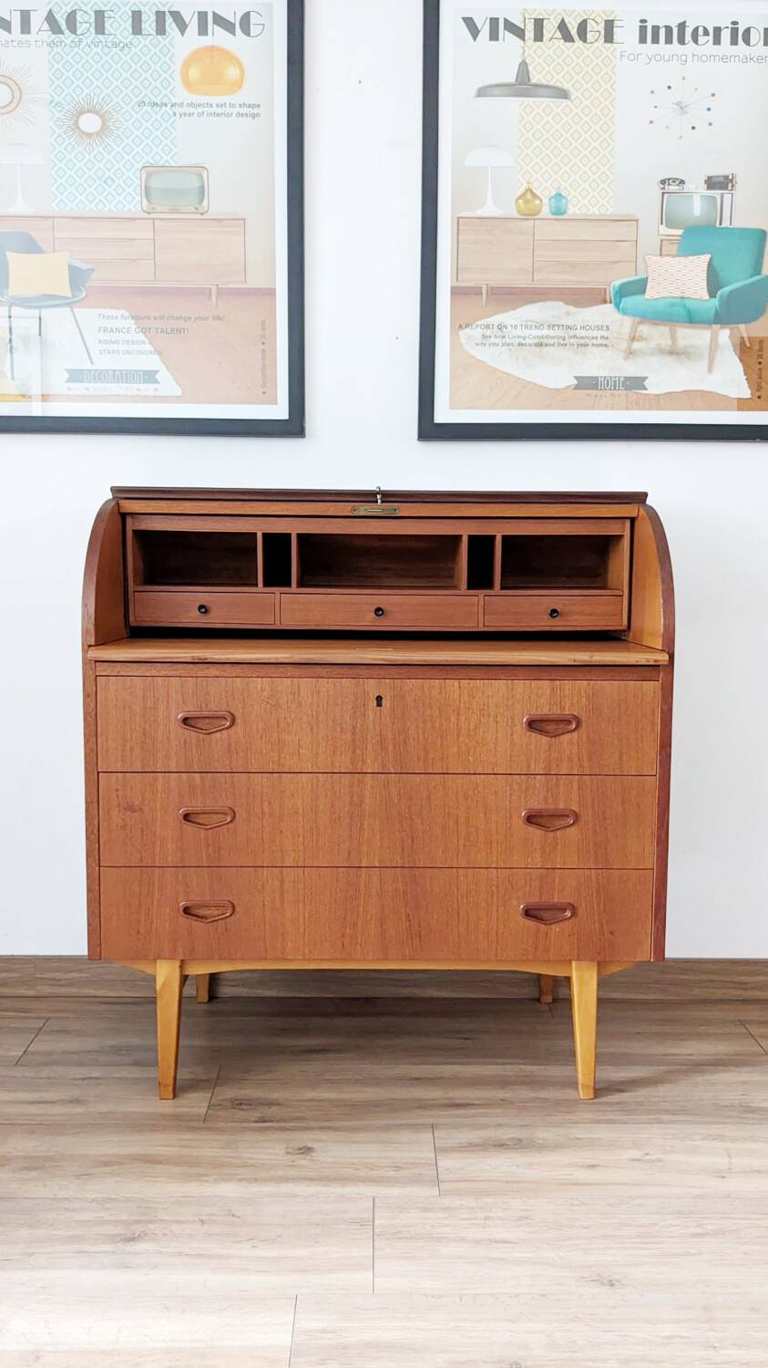 Bureau secrétaire à cylindre teck midcentury