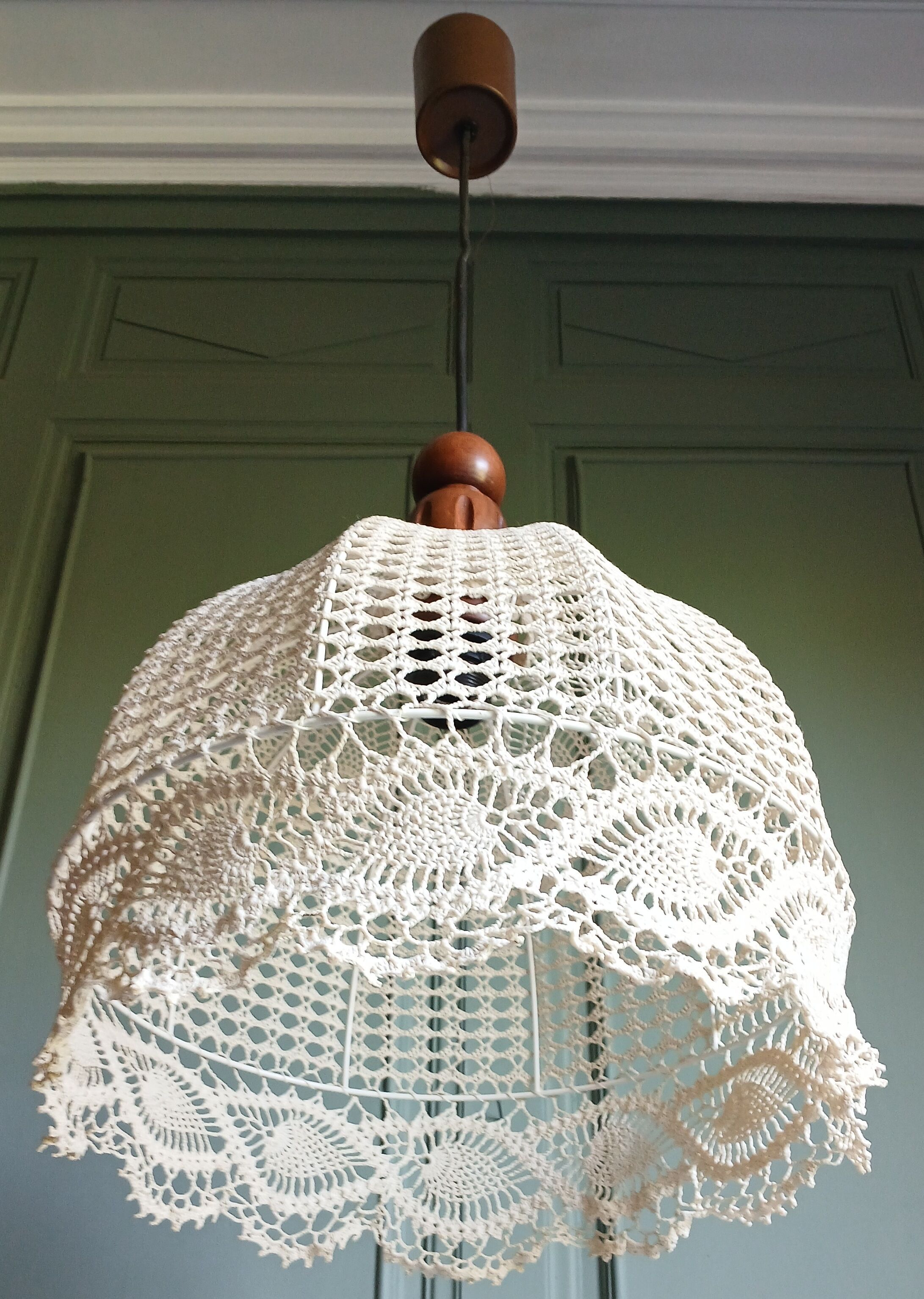 Suspension lampshade with hook and solid wood, Germany circa 1970.