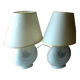 2 bedside lamps made of white ceramic with floral motifs and fabric lampshades, vintage from the 70s