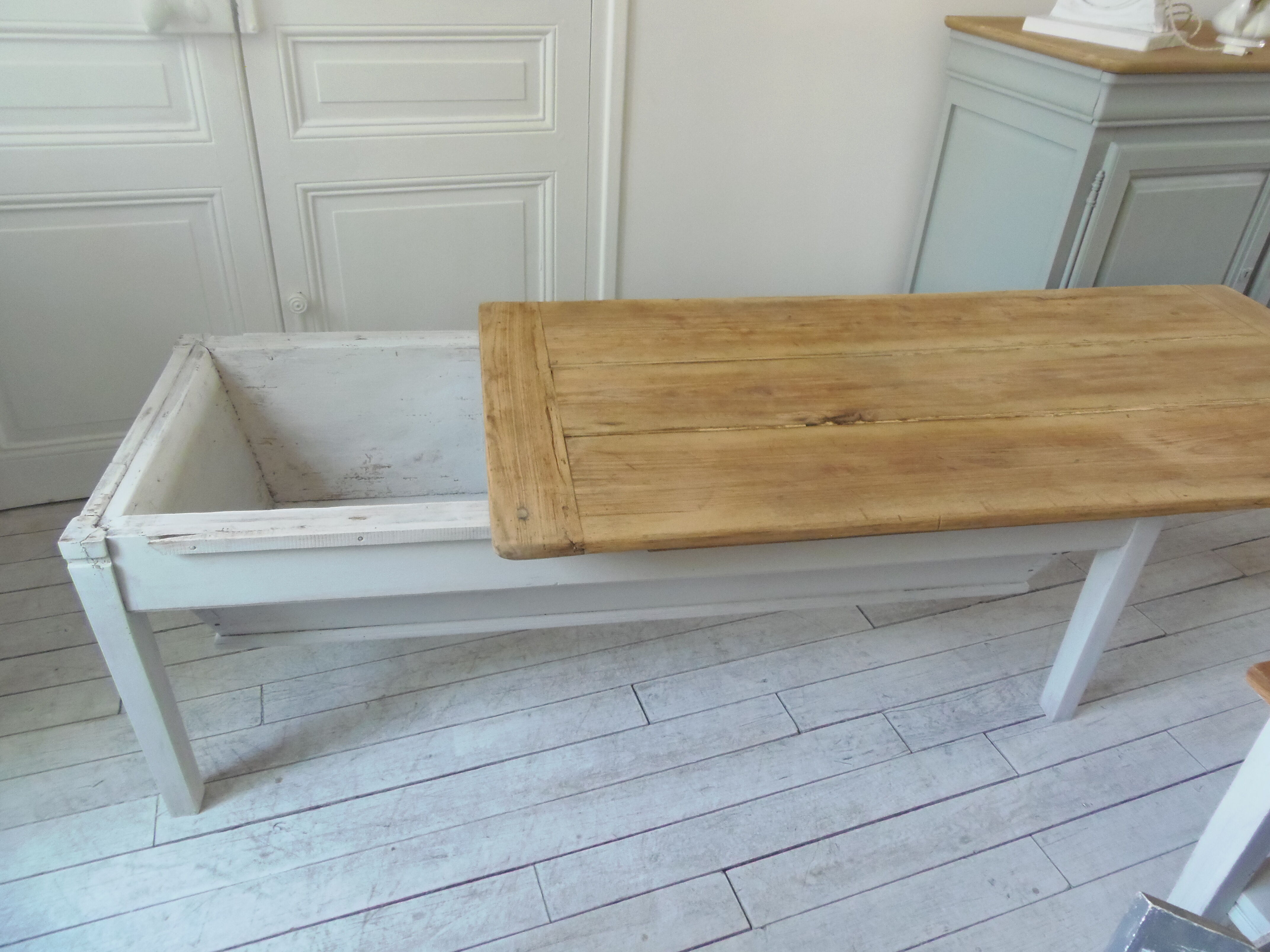Coffee table made from an authentic farmhouse table, leg patinated pearl gray