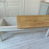 Coffee table made from an authentic farmhouse table, leg patinated pearl gray