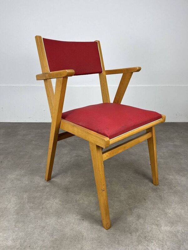 Fauteuil bridge années 50, bois et simili cuir rouge