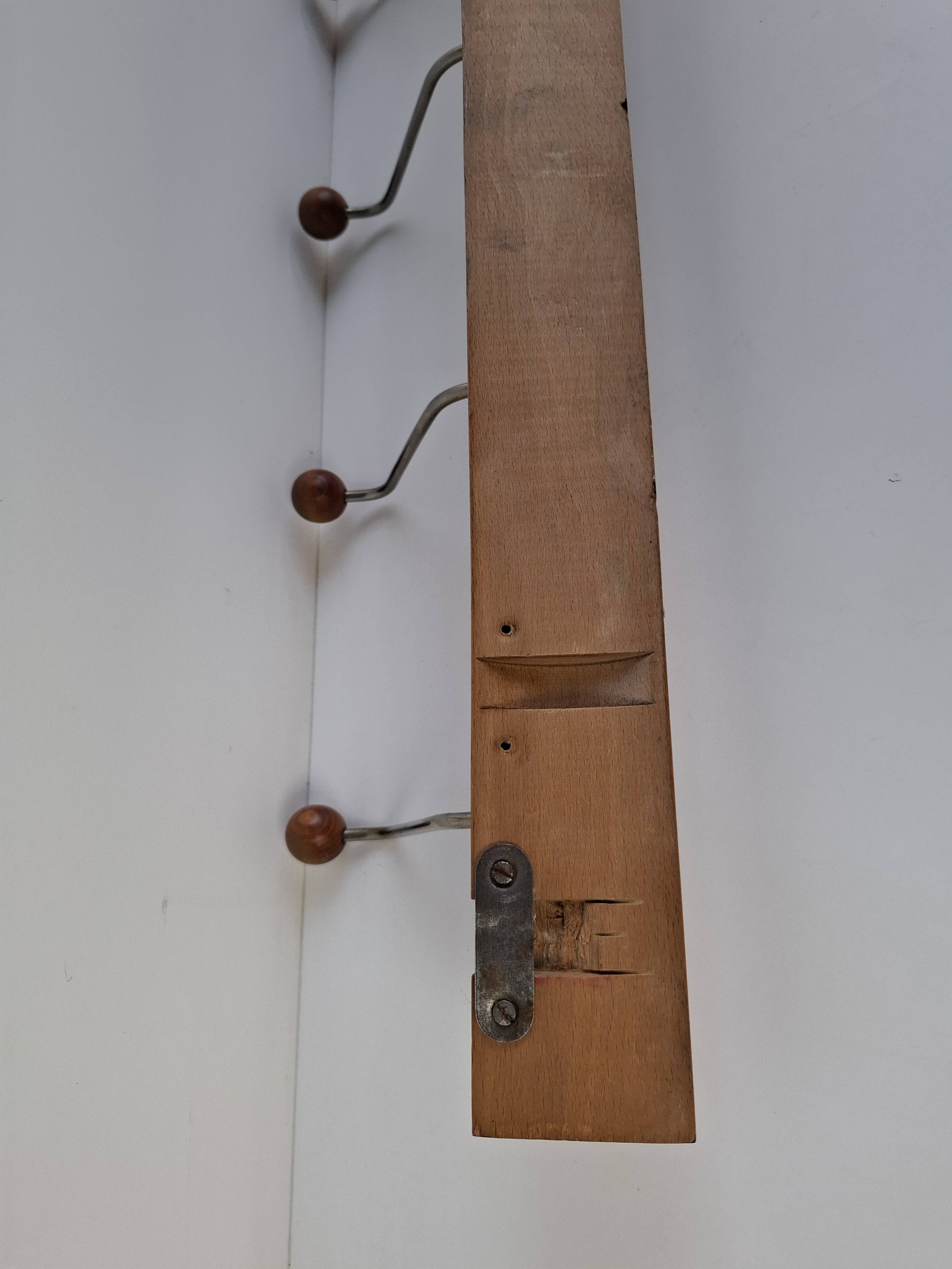 Czechoslovak Midcentury Wooden and Metal Wall Coat Rack, 1960s
