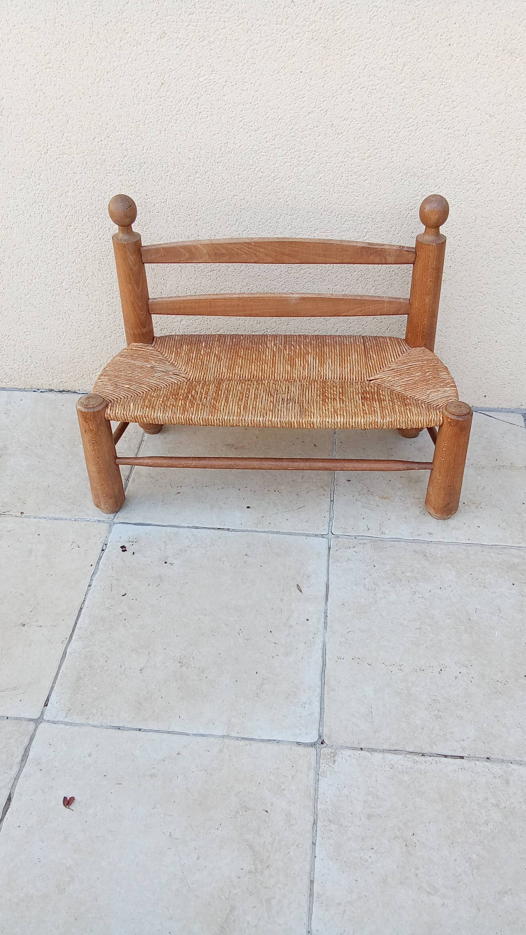Banc vintage bois et paille esprit perriand année 50