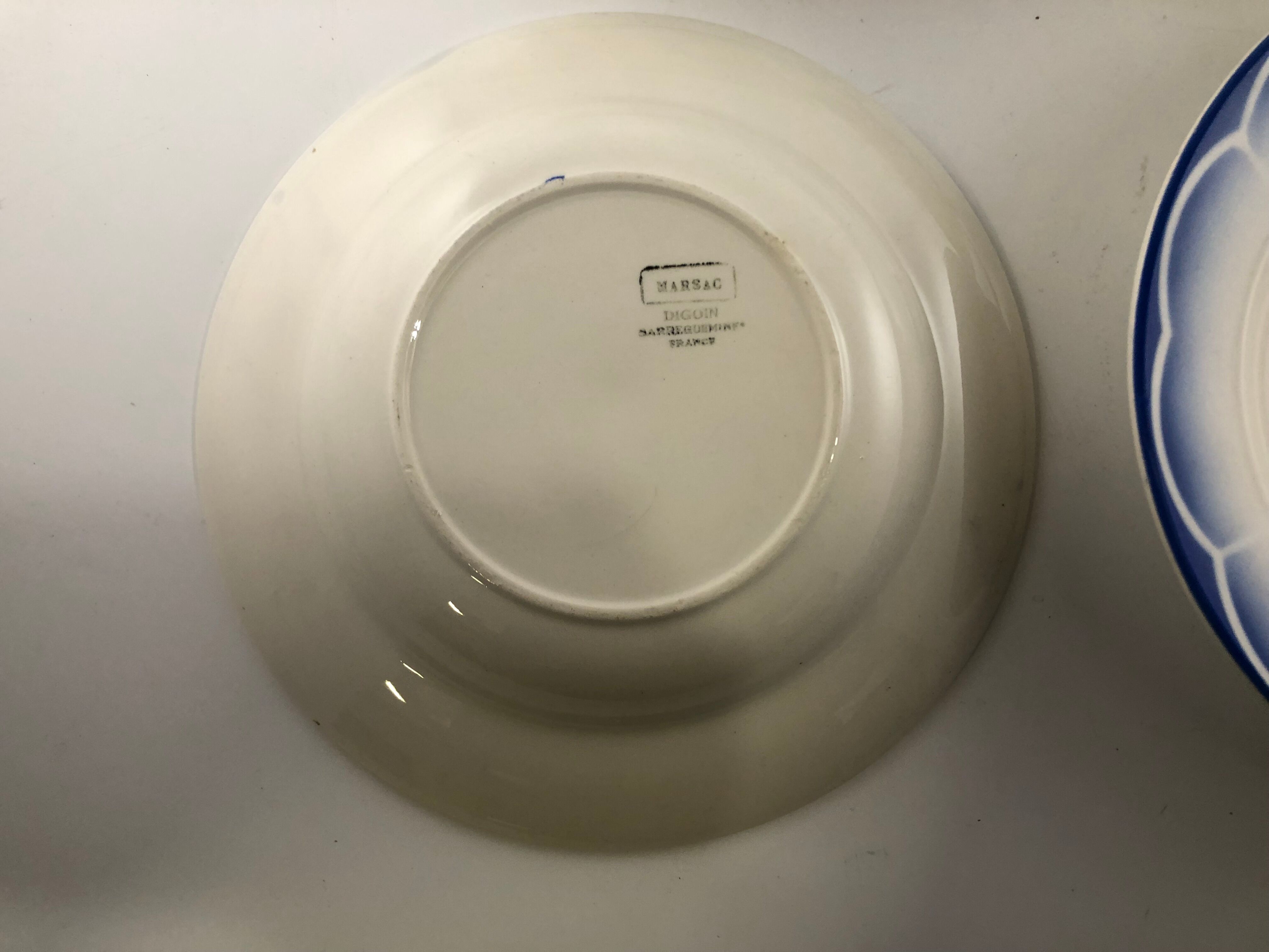 4 Digoin Sarreguemines soup plates, white and blue Marsac model with art deco flower