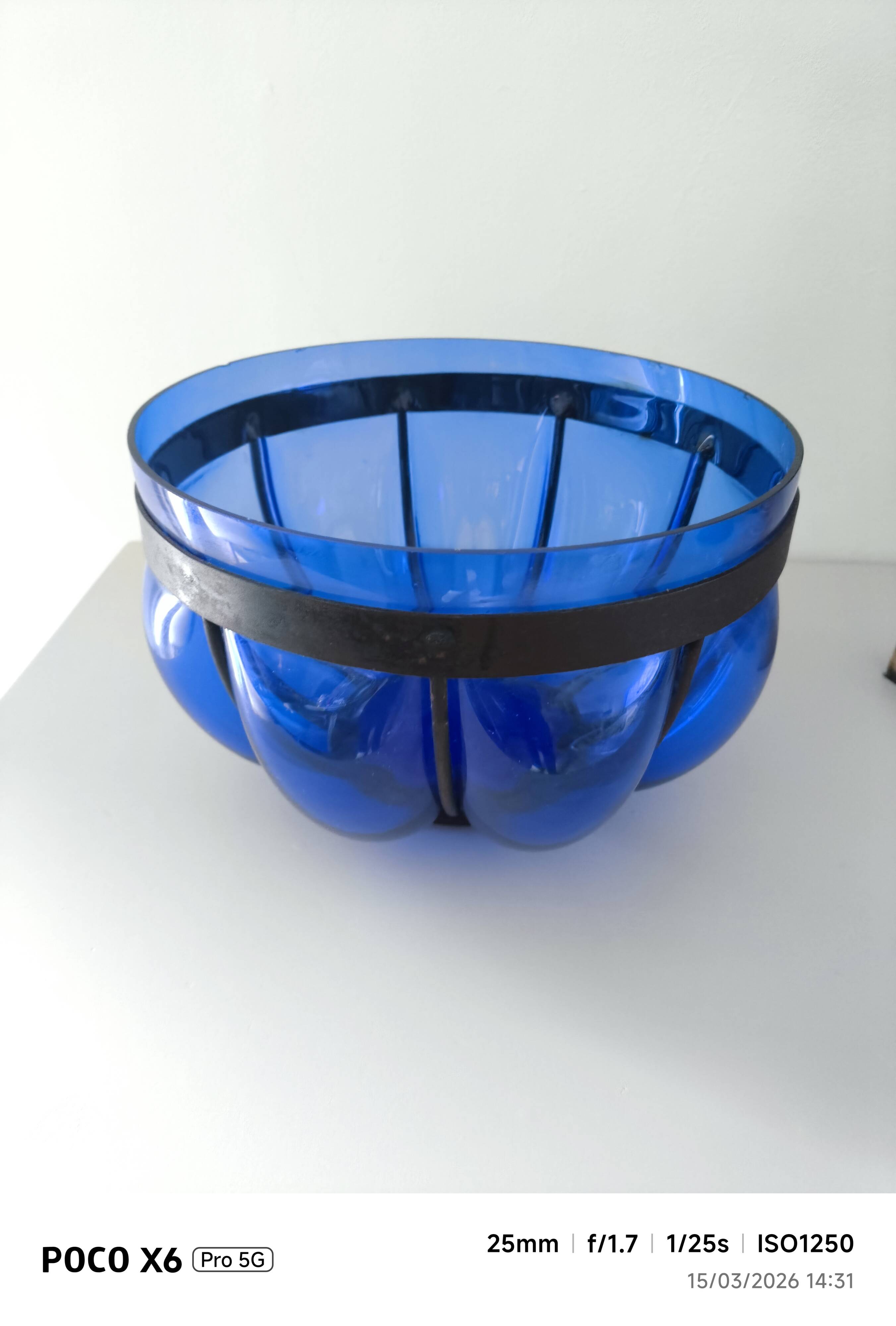 Superb vintage blown glass bowl in cobalt blue with its iron frame.