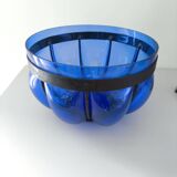 Superb vintage blown glass bowl in cobalt blue with its iron frame.