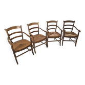 Suite de 4 fauteuils de table provençaux en merisier et paille – XXe