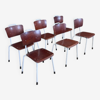 Ensemble de 6 chaises d'école Galvanitas acajou pieds blancs barreaux montants années 70