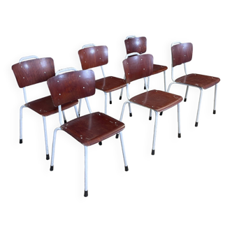 Set of 6 Galvanitas mahogany school chairs with white legs, 1970s upright bars