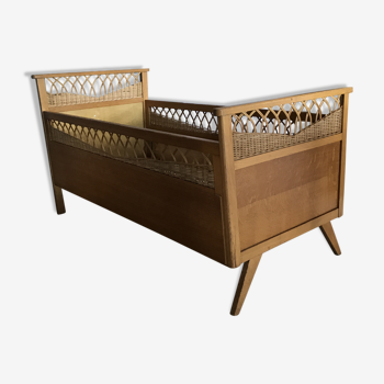 Vintage wood and rattan year 60 baby bed