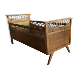 Vintage wood and rattan year 60 baby bed