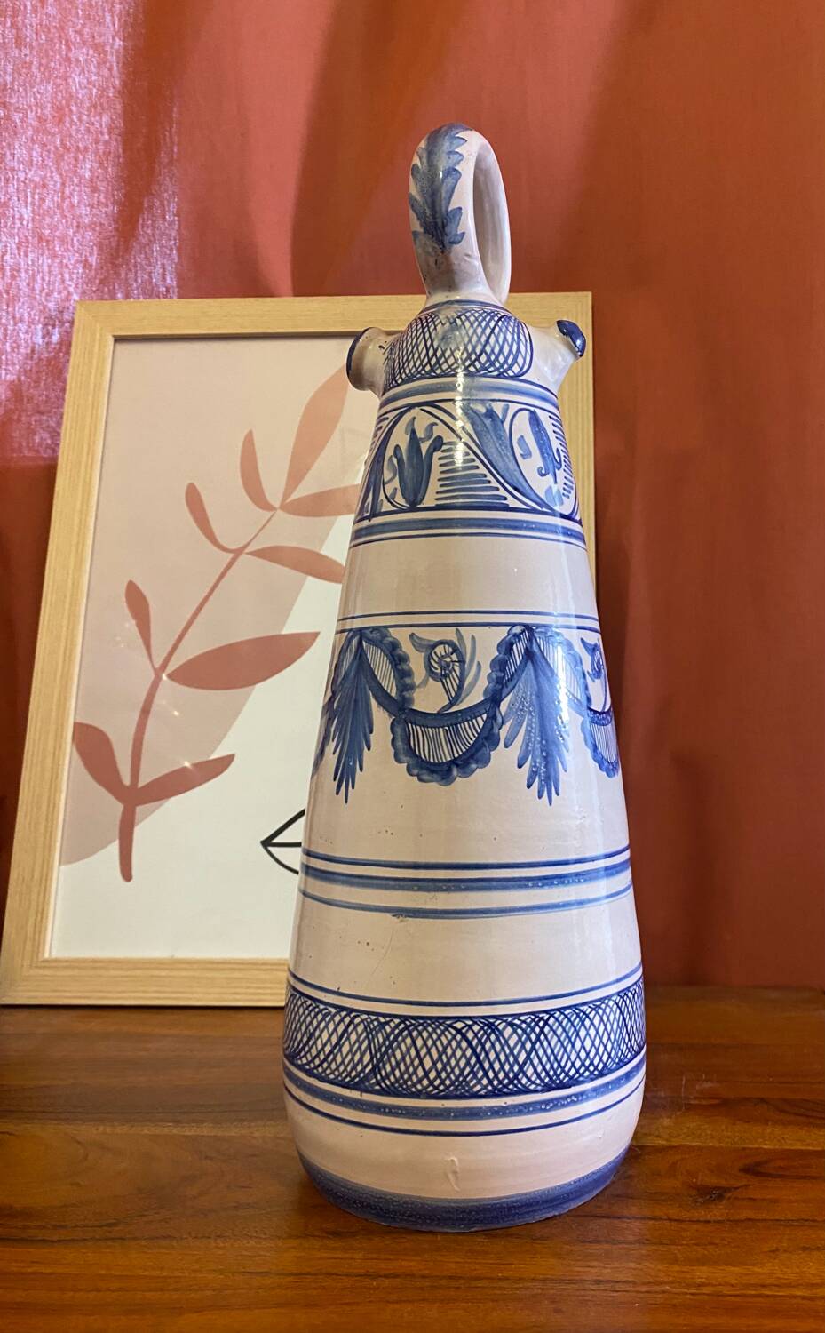 Vintage Spanish Hand Painted Glazed Ceramic Vase / Water Jug